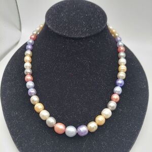 Vintage Multicolor Potato Pearl 8mm Culture/Frwtr Necklace 8/16", SS Clasp.